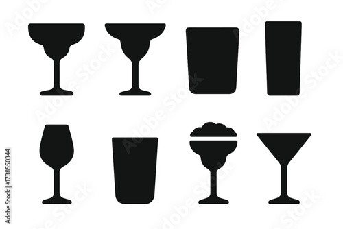 Black Cocktail Glass Icons. Solid, filled icon set of margarita glass types: coupe glass, margarita glass, rocks glass, highball glass, stemmed glass, tumbler,