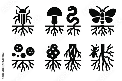 Root Pest Icon Set. Solid, filled icon set of root diseases and pests: rootworm, root rot fungus, root knot nematode, root borer, fungal spores, root decay,