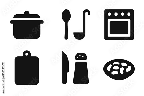 Cooking Utensils Icon Set. Solid, filled icon set of cooking utensils: pot, spoon, ladle, stove, cutting board, knife, salt shaker, cooked lima beans dish.