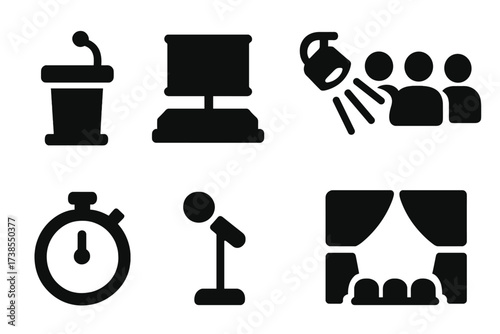 Presentation Icon Set. Solid, filled icon set of presentation settings: podium, stage, spotlight, audience, timer, microphone stand, seating, curtain. [Solid,
