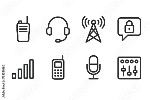 Surveillance Icon Collection. Outline icon set of surveillance communication: walkie talkie, headset, radio tower, encrypted message, signal bars, satellite