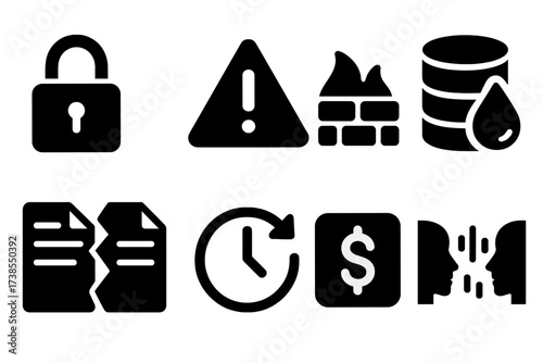 Outsourcing Challenges Icons. Solid, filled icon set of outsourcing challenges: security lock, warning sign, firewall, data breach, contract dispute, delay