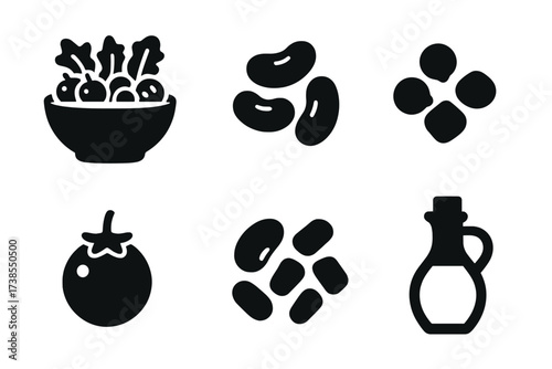 Bean Salad Icons. Solid, filled icon set of bean salad: bowl, kidney beans, chickpeas, black beans, corn kernels, cherry tomatoes, lettuce leaves, olive oil