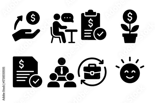 Insolvency Recovery Icons. Solid, filled icon set of insolvency recovery: debt repayment, financial counseling, new budget, savings growth, loan approval, job