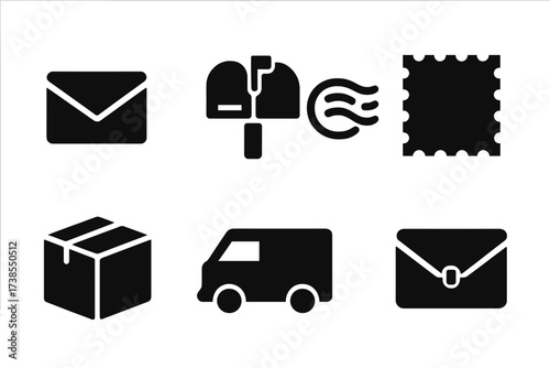Mail System Icons. Solid, filled icon set of mail system: envelope, mailbox, postmark, postage stamp, parcel box, postal truck, courier bag, letter. [Line