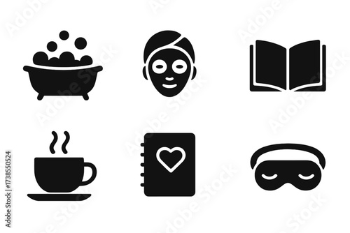 Self-Care Icon Set. Solid, filled icon set of self-care activities: bubble bath, face mask, meditation, reading book, cup of tea, journal, yoga mat, sleep