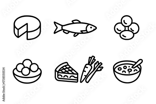 Dutch Food Icons. Outline icon set of Dutch food: cheese wheel, herring fish, stroopwafel, poffertjes, bitterballen, Dutch apple pie, raw vegetables, pea soup.