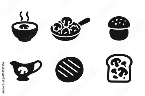 Mushroom Dish Icons. Solid, filled icon set of mushroom-based dishes: mushroom soup, sauteed mushrooms, mushroom risotto, stuffed mushroom, mushroom pizza,