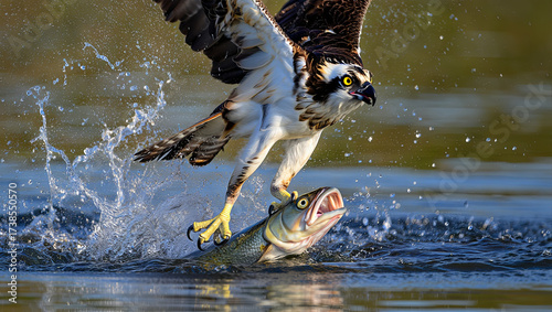 A majestic osprey captures a fish while flying above a still lake. The scene showcases the bird's agility and precision on a sunny afternoon in nature