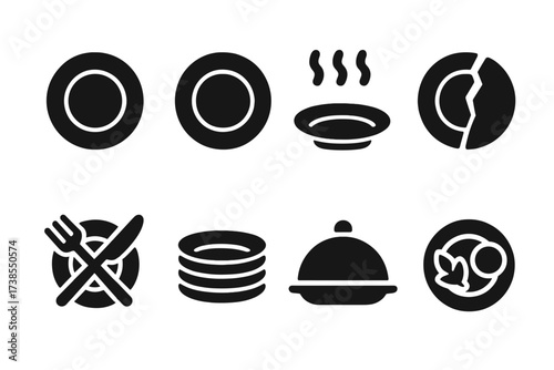Plate Icon Set. Solid, filled icon set of plate symbols and icons: empty plate, full plate, plate with steam, broken plate, plate with utensils, plate stack,