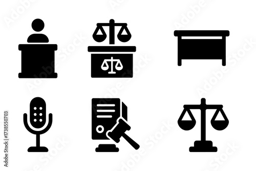 Courtroom Icon Set. Solid, filled icon set of courtroom items: witness stand, judge?s bench, jury box, evidence table, microphone, legal documents, gavel,