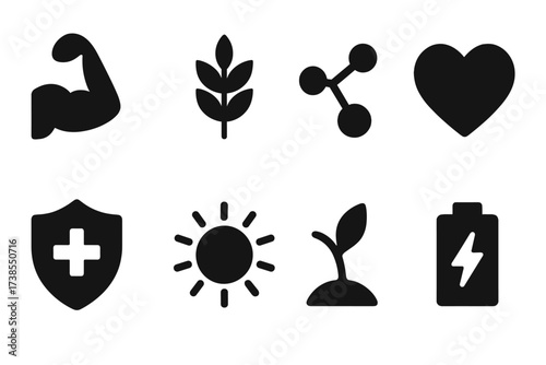 Soybean Nutrition Icons. Solid, filled icon set of soybean nutrition: protein, fiber, isoflavones, vitamins, minerals, antioxidants, heart health, energy.
