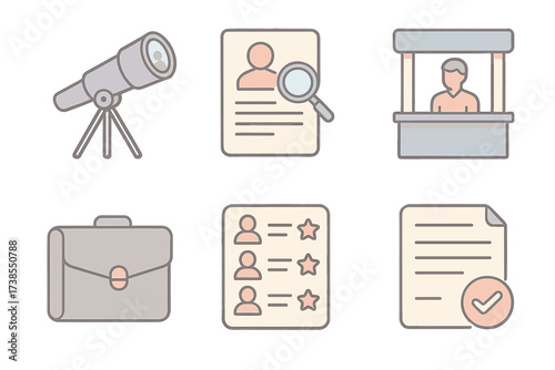 Talent Acquisition Icons. Isometric vector illustration set of talent acquisition icons: headhunting telescope, recruiter profile