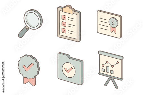 Audit Icons Set. Isometric vector illustration set of auditing icons: magnifying glass on report, checklist board, financial