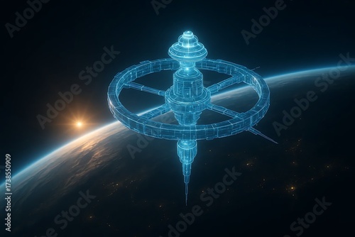 Fototapeta Naklejka Na Ścianę i Meble -  Futuristic Holographic Orbital Space Station