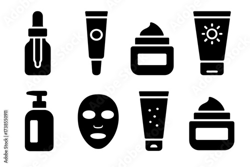 Skincare Icons Set. Solid, filled icon set of anti-aging skincare products: serum bottle, eye cream, moisturizer jar, sunscreen tube, facial cleanser, face