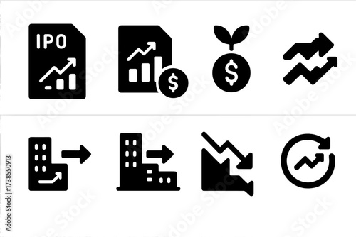 Stock Market Icons. Solid, filled icon set of stock market events: IPO, earnings report, dividend payout, stock split, merger, acquisition, market crash,