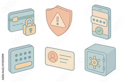 Secure Finance Icons. Isometric vector illustration set of secure finance icons: encrypted transaction lock, fraud alert shield,