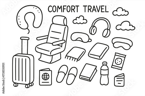 Comfort Travel Essentials. Comfort Travel. Hand-drawn doodle illustration neck pillow, seat, blanket, headphones, slippers, eye mask, book, water bottle,