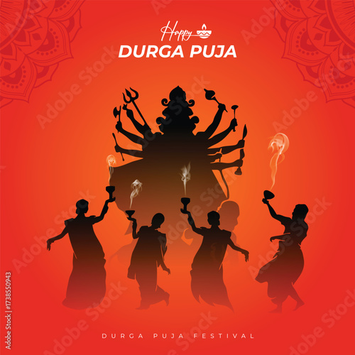 Vibrant durga puja illustration showcasing the divine goddess and devotees in a festive orange backdrop, perfect for celebrating the auspicious hindu festival with joy and devotion
