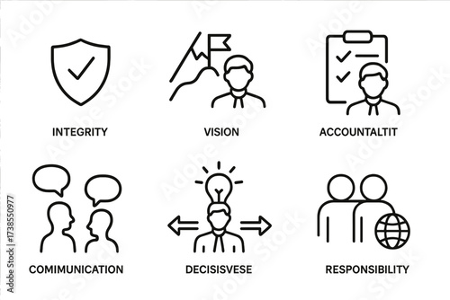Leadership Values Icons. Outline icon set of leadership values: integrity, vision, accountability, communication, inspiration, decisiveness, empathy,