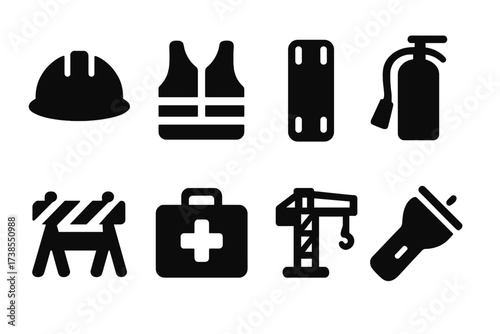 Collapse Equipment Icons. Solid, filled icon set of collapse related equipment: helmet, safety vest, stretcher, fire extinguisher, barricade, emergency kit,