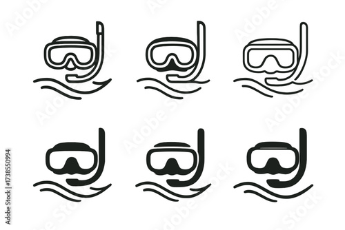 Snorkeling Mask Logos. Snorkeling Mask. Set Logo of Snorkeling Mask: Mask floating on water surface. harmonious logo variations of the same emblematic concept,