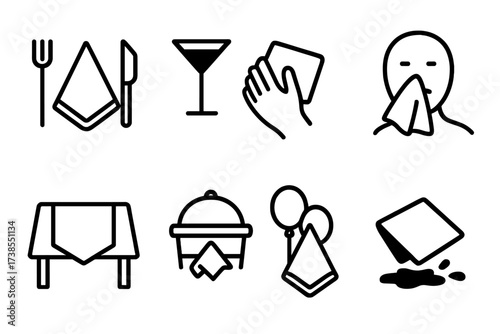 Napkin Icon Collection. Solid, filled icon set of napkin uses: dining napkin, cocktail napkin, hand napkin, face napkin, table napkin, buffet napkin, party