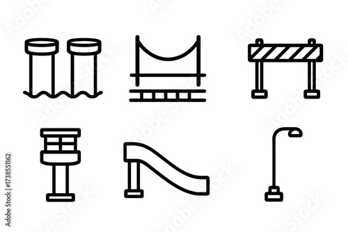 Pontoon Bridge Icons. Outline icon set of pontoon bridge: support pillars, suspension cables, walkway planks, traffic barriers, control tower, approach ramp,