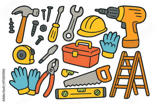 Colorful Construction Tools. Construction Tools. Colorful Hand-drawn doodle Children illustration hammer, screwdriver, wrench, drill, nails, bolts, tape