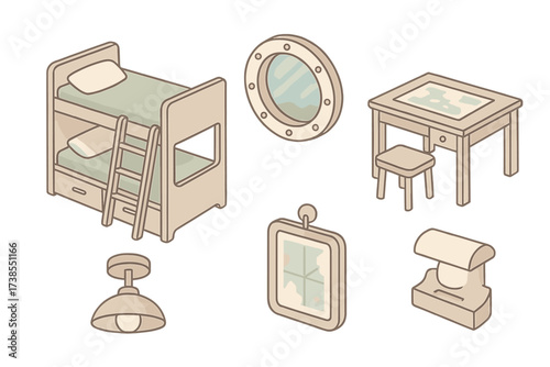 Ship Interior Design. Isometric vector illustration set Ship Interior Cabin: bunk bed with ladder, porthole window, small desk