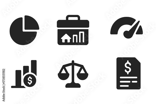 Investment Icon Set. Solid, filled icon set of asset allocation: pie chart, portfolio diversification, asset classes, investment sectors, risk meter, bar