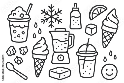 Icy Treats Doodles. Hand-drawn doodle illustration icy beverages and snacks slush cup, ice crystals, straw, snowflake, syrup bottle, fruit slice, ice cream