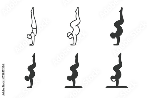 Handstand Yoga Logos. A person performing a handstand in a yoga studio, building strength and balance. Set Logo of a person performing a handstand in a yoga
