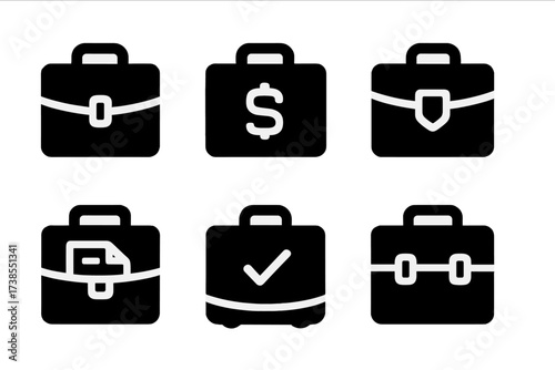 Briefcase Icon Set. Solid, filled icon set of briefcase symbols: business, work, professionalism, office, career, documents, success, travel. [Line icons in