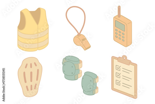 Paraglider Safety Gear Icons. Isometric vector illustration set Paraglider Safety Gear: reflective vest, whistle on lanyard,