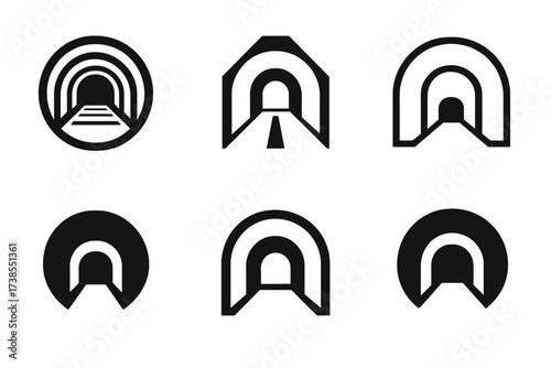 Tunnel Logo Variations. Tunnel. Set Logo of tunnel: circular tunnel entrance. harmonious logo variations of the same emblematic concept, each with different