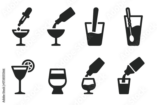 Bitters Serving Icons. Solid, filled icon set of bitters serving styles: dropper use, cocktail pour, muddling, stirring, garnishing, layering, neat pour,