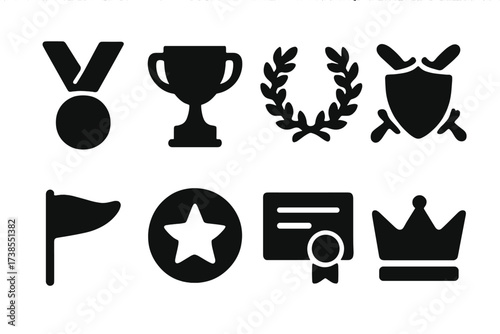 Duel Award Icons. Solid, filled icon set of duel trophies: medal, trophy cup, laurel wreath, sword crossed with shield, flag, star badge, certificate, crown.