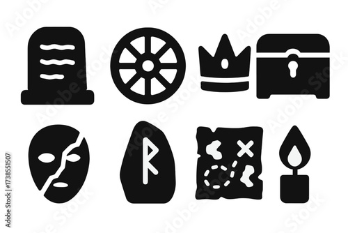 Forgotten Eras Icons. Solid, filled icon set of forgotten eras: stone tablet, ancient wheel, lost crown, relic chest, cracked mask, rune stone, faded map,
