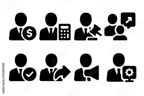 Advisor Icons Grid. Solid, filled icon set of advisor specialties: investment advisor, tax advisor, legal counsel, business mentor, life coach, career advisor,