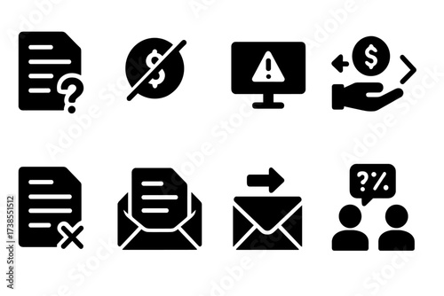 Late Payment Icon Set. Solid, filled icon set of late payment causes: forgotten bill, insufficient funds, technical error, delayed salary, disputed charge,