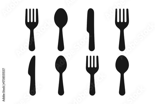 Black Silverware Icons. Solid, filled icon set of silverware essentials: dinner fork, soup spoon, butter knife, dessert fork, steak knife, teaspoon, salad