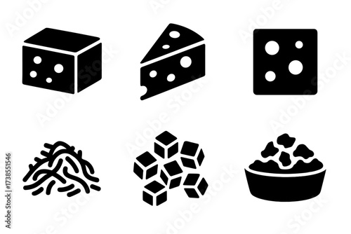 Cheese Cuts Icons. Solid, filled icon set of cheese cuts: block cut, wedge cut, slice cut, grated, shredded, diced, crumbled, spread. Line icons in only black