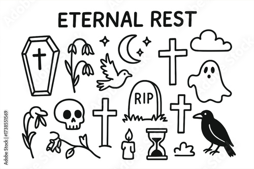 Symbols of Mourning. Eternal Rest. Hand-drawn doodle illustration coffin, gravestone, cross, skull, wilted flowers, candle, hourglass, dove, ghost, moon,
