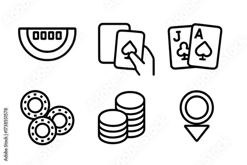Blackjack Icon Set. Outline icon set of blackjack betting table: blackjack table, card deck, dealer hand, player hand, betting chips, chip stack, betting area,