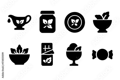 Mint Icon Set. Solid, filled icon set of mint culinary uses: mint sauce, mint jelly jar, mint garnish on plate, mint chutney, mint leaf salad, mint chocolate,