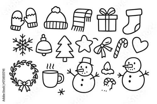 Holiday Season Doodles. Hand-drawn doodle illustration Holiday season mittens mitten, wool hat, scarf, present, ribbon, stocking, snowflake, bell, pine tree,