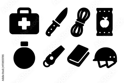 Cave Survival Gear Icons. Solid, filled icon set of cave survival gear: first aid kit, knife, rope, food ration, water flask, whistle, thermal blanket, helmet.