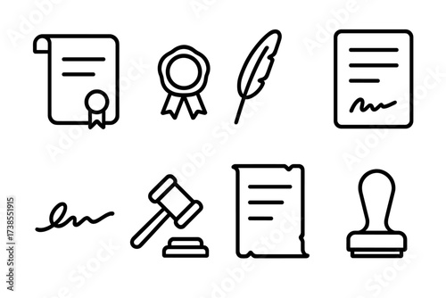 Decree Icon Set. Outline icon set of decree elements: scroll, wax seal, quill pen, document, signature, gavel, parchment, official stamp. Line icons in only